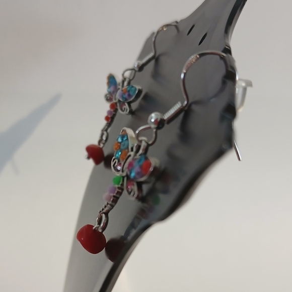 Red and Blue Dragonfly Earrings with Silver Hooks - Picture 2 of 4